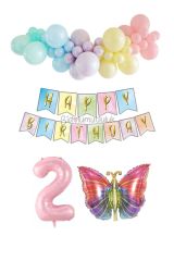 Kelebek Folyo Balonlu Doğum Günü Seti Pembe Rakam Balonlu