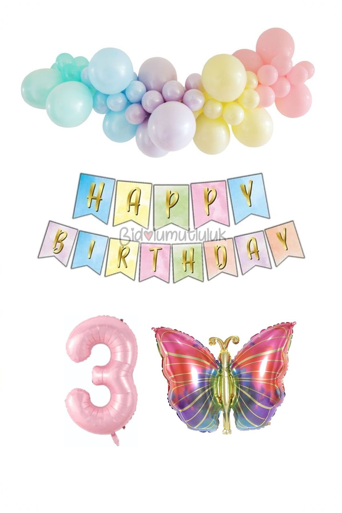 Kelebek Folyo Balonlu Doğum Günü Seti Pembe Rakam Balonlu