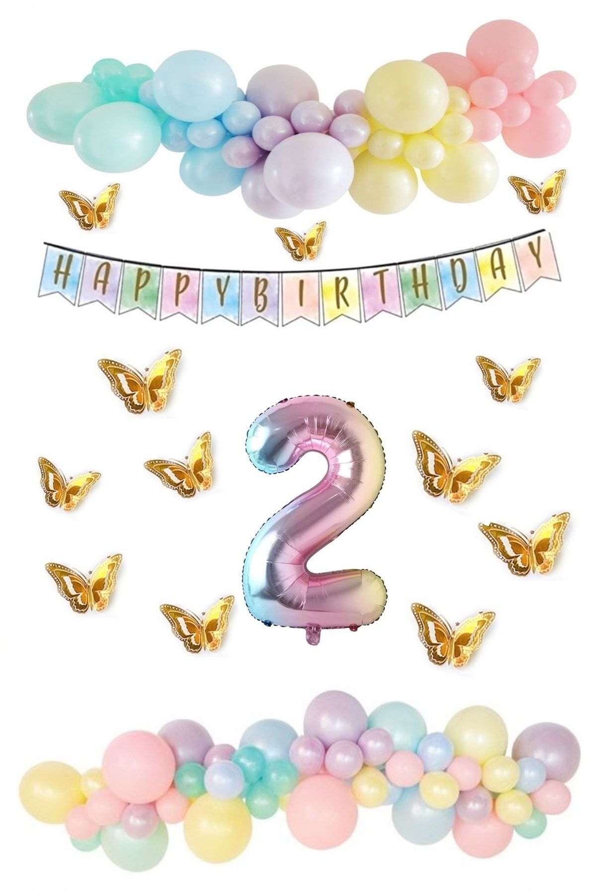 Kelebek Desenli Makaron Balon Doğum Günü Seti