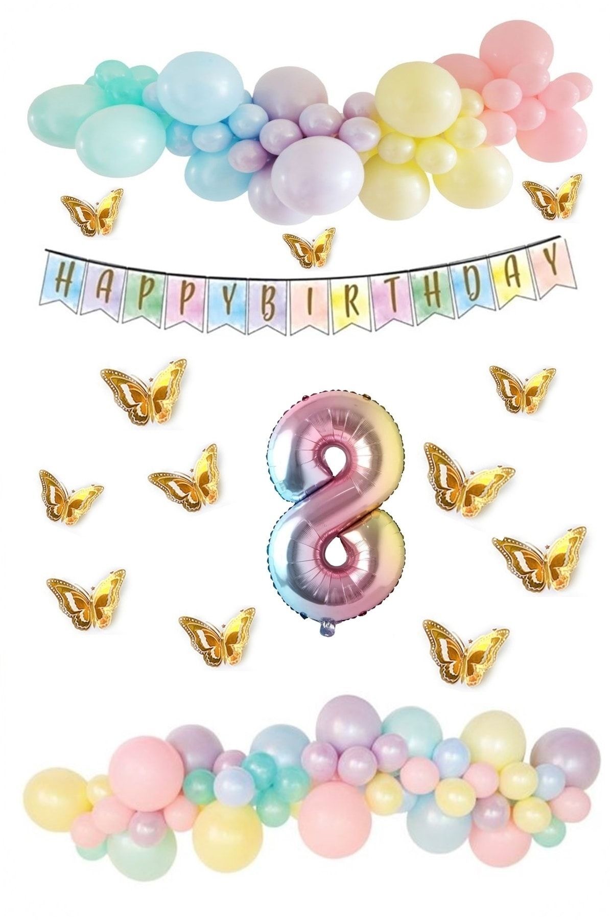 Kelebek Desenli Makaron Balon Doğum Günü Seti