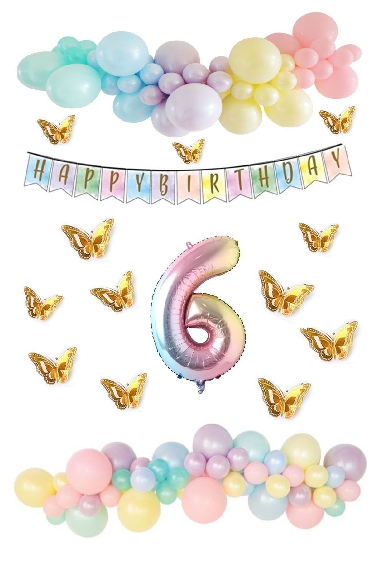 Kelebek Desenli Makaron Balon Doğum Günü Seti