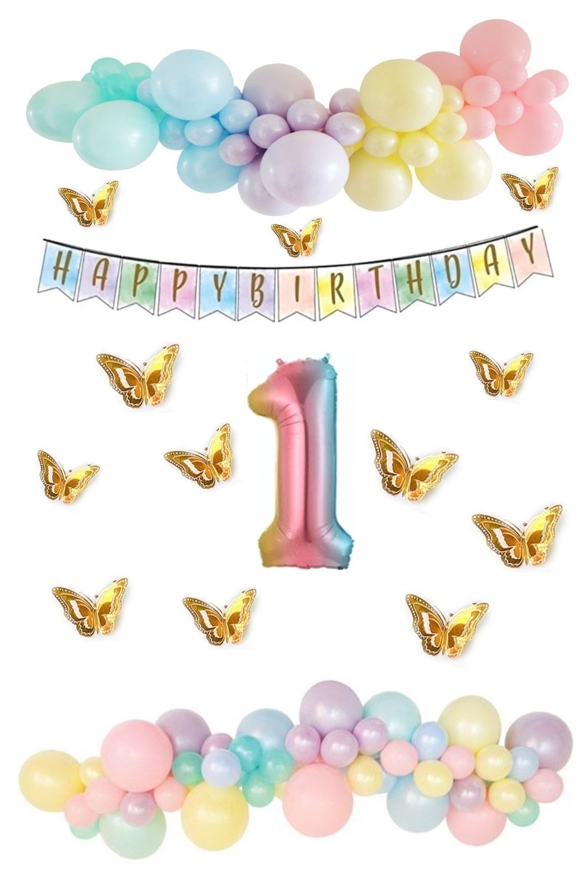 Kelebek Desenli Makaron Balon Doğum Günü Seti
