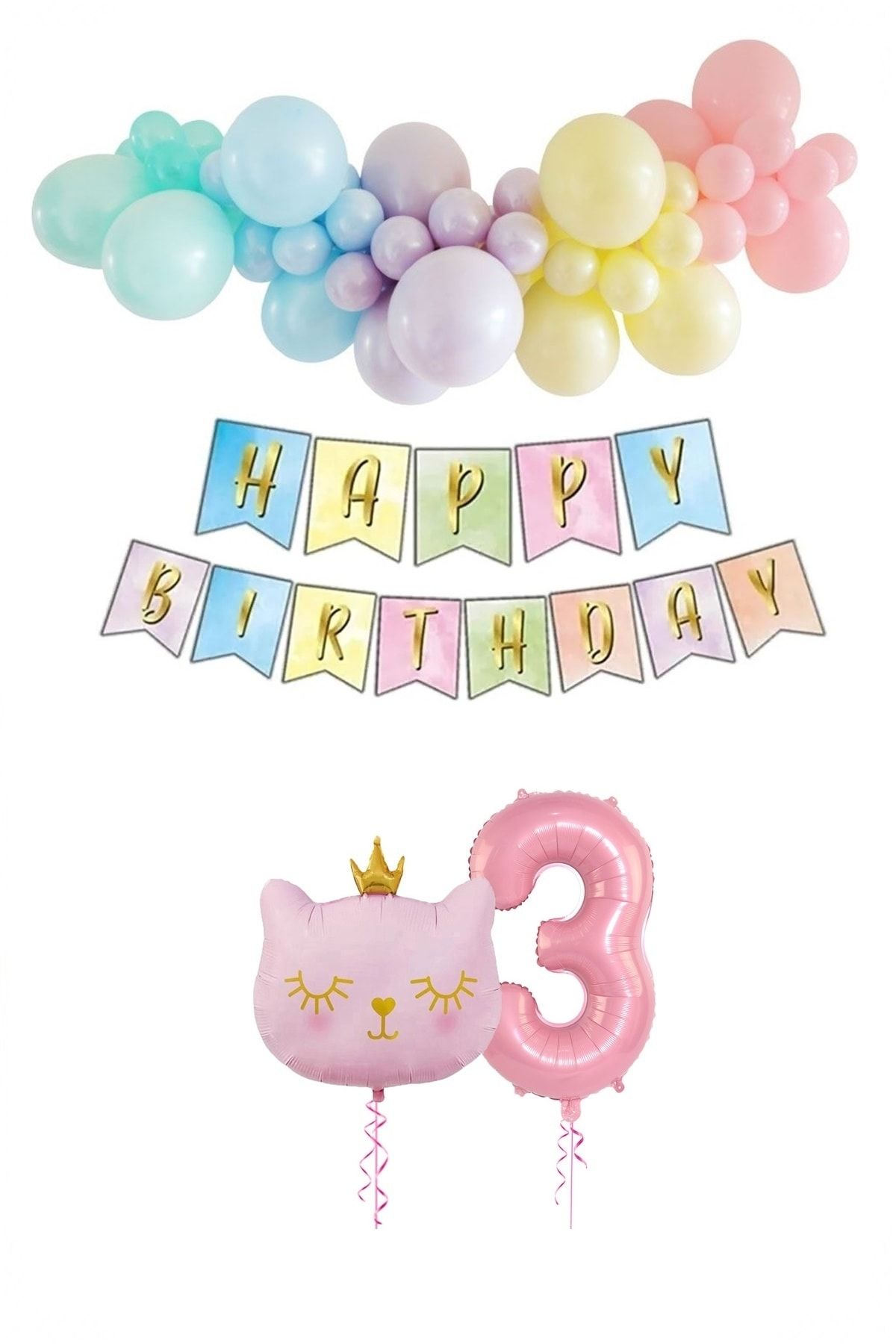 Kedi Temalı Unicorn Doğum Günü Seti Makaron Balon Parti
