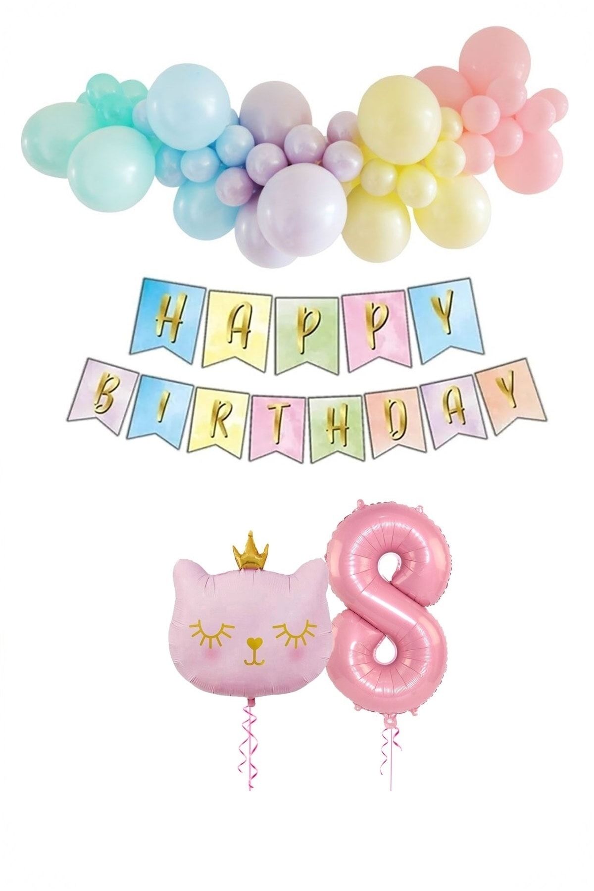 Kedi Temalı Unicorn Doğum Günü Seti Makaron Balon Parti