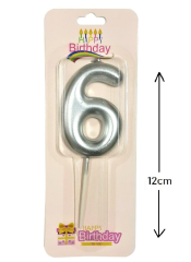 Büyük Boy 6 Rakam Gümüş Mum 12 Cm
