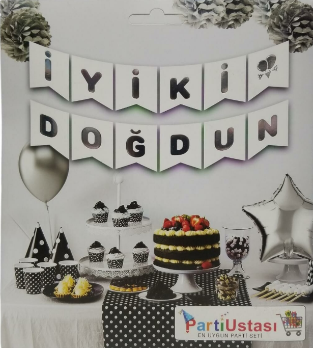 YAZI VARAKLI ZARF BANNER İYİKİ DOĞDUN BEYAZ GÜMÜŞ