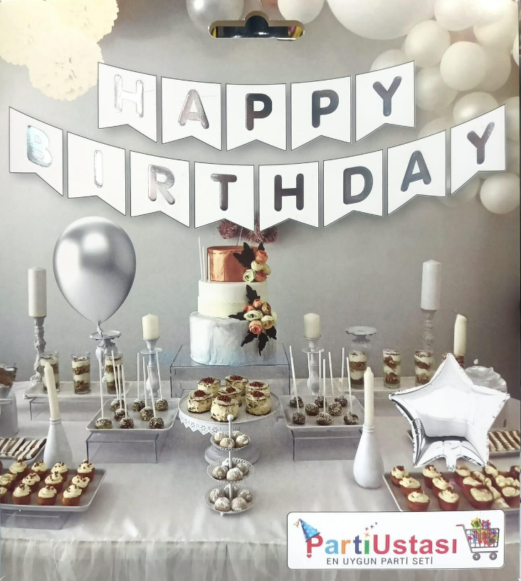 YAZI VARAKLI ZARF BANNER HAPPY BEYAZ GÜMÜŞ