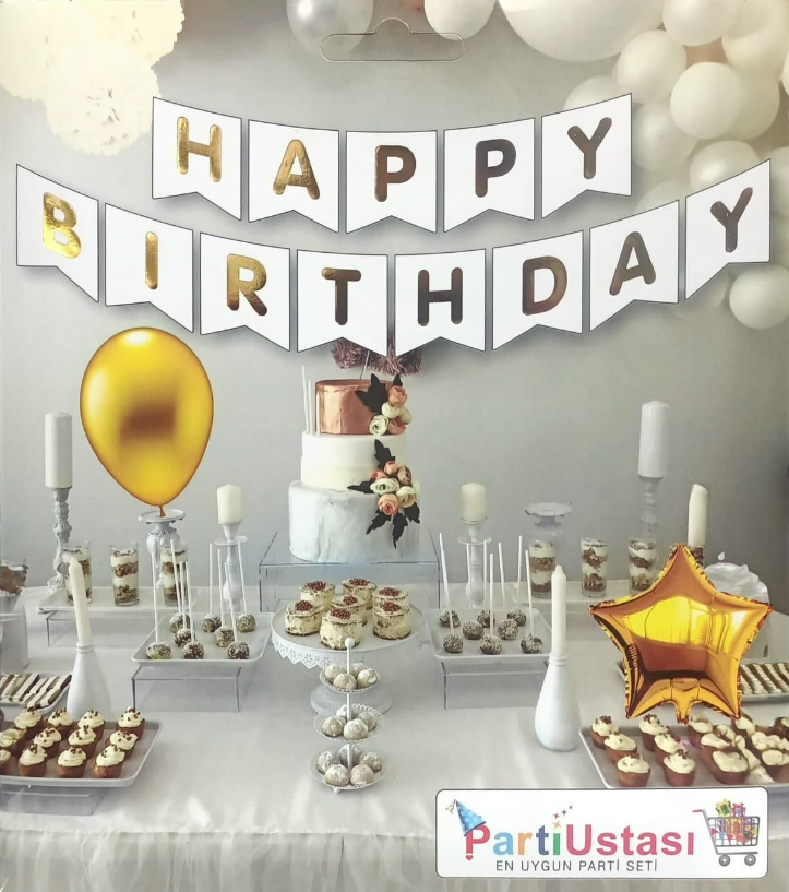 YAZI VARAKLI ZARF BANNER HAPPY BEYAZ GOLD