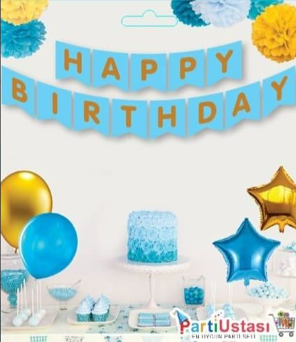 YAZI VARAKLI ZARF BANNER HAPPY MAVİ ALTIN