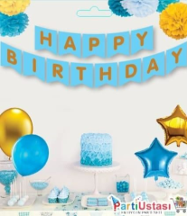 YAZI VARAKLI ZARF BANNER HAPPY MAVİ ALTIN