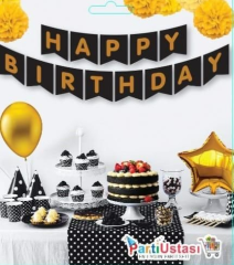 YAZI VARAKLI ZARF BANNER HAPPY SİYAH ALTIN