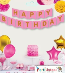 YAZI VARAKLI ZARF BANNER HAPPY PEMBE ALTIN