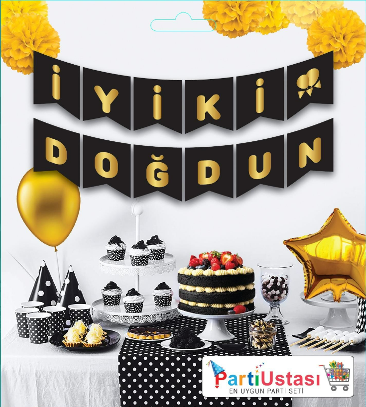 YAZI VARAKLI ZARF BANNER İYİKİ DOĞDUN SİYAH ALTIN