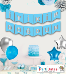 YAZI VARAKLI ZARF BANNER İYİKİ DOĞDUN MAVİ GÜMÜŞ