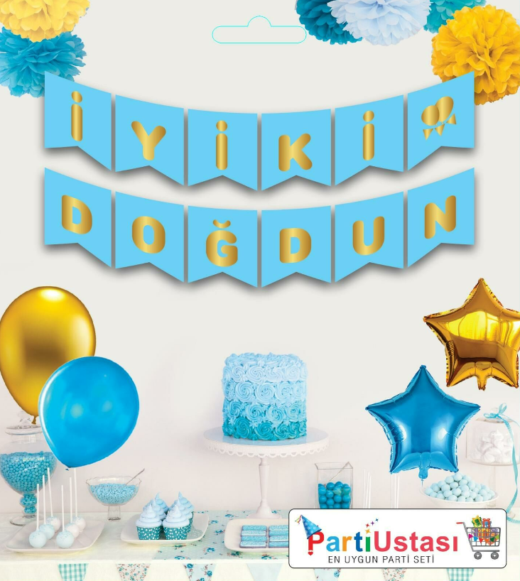 YAZI VARAKLI ZARF BANNER İYİKİ DOĞDUN MAVİ ALTIN