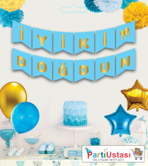 YAZI VARAKLI ZARF BANNER İYİKİ DOĞDUN MAVİ ALTIN